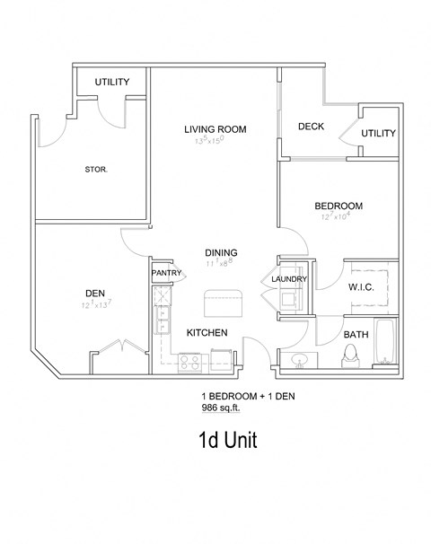 Floor plan for 1 bed, 1 bath, 986 sqft